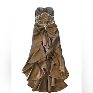 Tiffany Designs Strapless Brown Gold Sequin Ruffle Dress Size 6